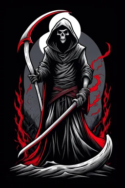 hooded Grim-Reaper gripping scythe, vignette, black and white graphic novel style with a red outline, and black background,