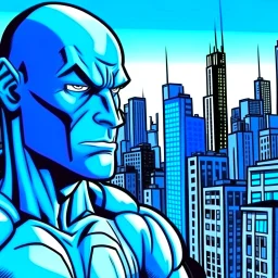 comic book character closeup city background