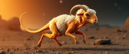 a space sheep with no hair or wool, and orange lizard like skin, running crazy like a dino