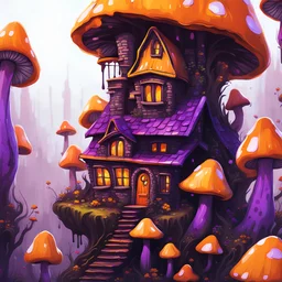 A weird mushroom house with drippy spots on a floating space island. black orange yellow purple. Detailed gloss Painting, rich color, fantastical, intricate detail, splash screen, hyperdetailed, insane depth, concept art, 8k resolution, trending on artstation