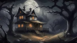 an abandoned house at night landscape painting, darkened forest under a moonlit sky, ghosts and jack-o-lanterns glowing among the bare trees, an abandoned house on a distant hill, hints of mystery and the supernatural in the shadows --v 5.2
