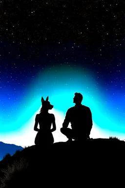 black background on a mountaintop and three silhouettes of a fit man, a silhouette of a fit woman, and silhouette of a Belgian malinois sitting next to the men and the woman looking at the stars