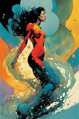 create a wildly abstract and chaotic full body illustration of an amorphous woman utilizing fluid shapes, in the comic book art style of Bill Sienkiewicz, Mike Mignola, and Jean Giraud Moebius, finely textured, drawn, colored, and inked