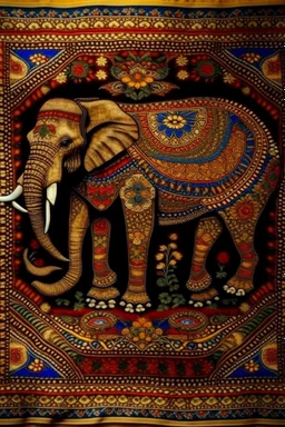 A beautifully woven (((tapestry))), intricate details and patterns representing (((elephant))) in vivid colors, creating a kaleidoscopic tableau