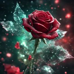 epic crystalized red rose with its green stem, transparent crystalized glass petals, 8k resolution, fantasy concept art, dynamic lighting, cinematic, epic glowing galaxy background, deep depth of field, 3D, constellation map, fractal crack effect, 16k resolution photorealistic, bokeh, a masterpiece by Alberto Seveso, breathtaking intricate details, realistic and lifelike cgi diorama, dramatic natural lighting, reflective catchlights, high quality CGI VFX fine art