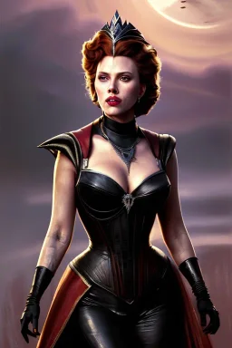 painting of scarlett johansen as evil queen in black leather, feminie, angry, stern look on her face, volouptous, busty, cleavage, emperious, mature, highly detailed, digital painting, artstation, concept art, smooth, sharp focus, illustration, art by gaston bussiere and alphonse mucha