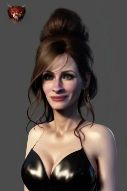 Julia Roberts in black leather gown, evil, busty, cleavage, curvy, angry, happy, stern look. character design by cory loftis, fenghua zhong, ryohei hase, ismail inceoglu and ruan jia. unreal engine 5, artistic lighting, highly detailed, photorealistic, fantasy