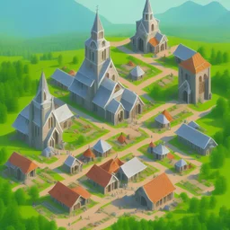 isometric architecture illustration of a village in the mountains with a church in the middle and mountains around