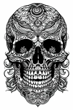 outline art for horror ink tracing coloring pages for adults with skull, white background, Sketch styl, only use outline. Mandala style, clean line art, no shadows and clear and well outlined, Intricate Patterns and Details