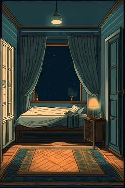 illustrate me a nice, slightly fancy bedroom without any technology, a window with blackout curtains and a rug at night.