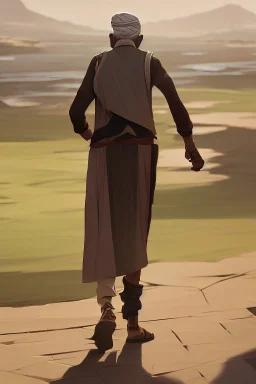 An old man wearing an Arabic keffiyeh, his back bent, walking barefoot, holding his cane upside down, looking back and holding his shoe in his hand.