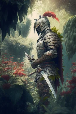 A warrior in a garden