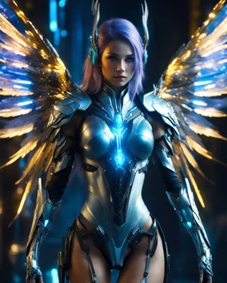 Length picture night Photography Realistic High Details,Natural Beauty,Full body Beautiful Angel Pretty woman cybernetic ,futuristic warframe armor,wings ,in Magical Planets Cosmic full of lights colors,glowing in the dark, Photography Art Photoshoot Art Cinematic Soft Blur Colors