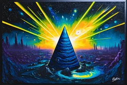 Microcosmic Life (ThreeBody problem), acrylic painting, shooting a cone shaped lazer at an alien city, extremely alien city