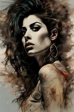 amy winehouse Stunning art masterpiece Basic style of horror, Overhead, hyper detailed, multi-layered illustration, in a highly detailed elegant unbuttoned dress, dynamic seductive pose, accentuating perfect anatomy, impressive concept by Carne Griffiths and Wadim Kashin, dynamic, highly detailed, symmetry, airbrush graffiti technique, high definition illustrations, soft and sharp focus, accent lighting, bold paint colors, symmetry, painted, intricate, volumetric lighting, beautiful masterpiece