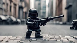 A more rounded lego man, all dressed in black military helmet and outfit, kneeling and aiming an m4 gun, in an urban environment