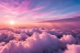 In a sea of clouds. Clouds are a mix of pinks, purples and peach colours from the sunset. It feels like you're flying in a dream. There are sparkles scattered throughout. It feels airy and light. Chromatic aberration effect. Dream aesthetic. y2k feeling. Clouds are really fluffy.