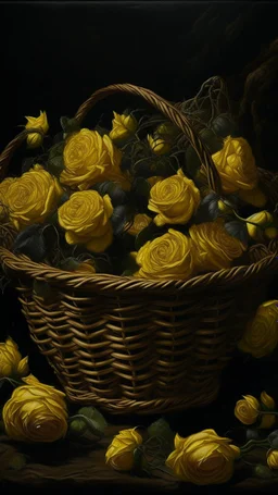 Bosch nightmares paining style Title:a basket full of yellow roses , 8k artistic photography, photorealistic concept art, soft natural volumetric cinematic perfect light, chiaroscuro, award-winning photograph, masterpiece, oil on canvas, Raphael, Caravaggio, Greg Rutkowski, people, beksinski, Giger