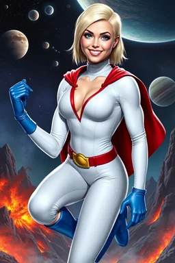 Karen Starr, full body, superhero landing pose, young athletic white female, crew cut bleach-blonde hair, blue eyes, thick black eyebrows, round face, semi-pointed chin, muscular build. Wearing white long-sleeved bodysuit with high collar with plunging neckline, blue elbow gloves, red belt with gold buckle, red cape, blue knee boots. Big smile. Background: outer space, planets, stars, galaxies, fire, explosions, volcanic lava, craggy peaks. Photorealistic