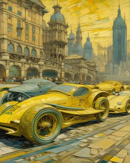 A pale yellow metropolis with speedy racecars painted by Vincent van Gogh