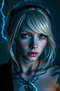 Portrait of a 16 years old girl genasi, blue skin, light purple eyes, cloudy white hair, white eyebrows, electric lighting all around, add electric blue runes tattoos on the skin, little dressed, high definition pictures, high quality