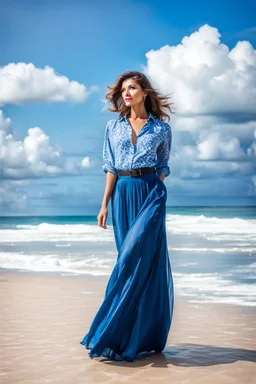 young lady wearing beautiful maxi blue skirt and elegant shirt standing in beach posing to camera ,ships in sea ,blue sky nice clouds in background