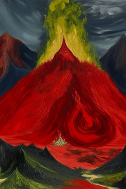 A red volcanic peak with spewing fire painted by Vincent van Gogh