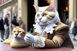 Mature cats dressed like "Wolfgang Amadeus Mozart", paws, playing music, street, Vienna, friendly, sunny day, model style, hyper realistic, extremely accurate, delicate, extremely detailed, Graphic novel style, wide-angle, open aperture, superfine pencil