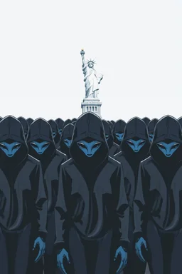 "A conceptual black-and- blue, digital illustration of a massive hooded aliens walking in the same direction, heads down, symbolizing conformity. Statue of Liberty in the background, The atmosphere feels lifeless and repetitive, emphasizing the ordinary mindset of the majority."