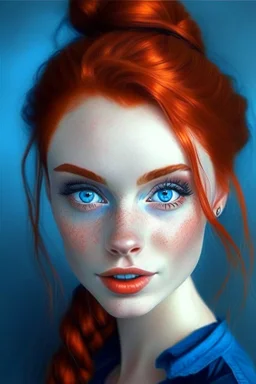 girl with red hair in two ponytails, blue eyes, makeup on her face, flirty look, blue shirt