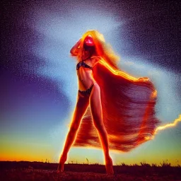 woman made of fire, fire angel, full body portrait, long flowing hair, only wearing bikini made of fire, highly detailed, real life photo, photo quality, extremely detailed, high quality, standing in fire, highly detailed