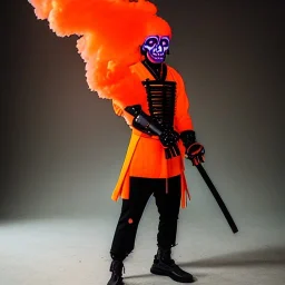 futuristic neon skull orange smoke samurai