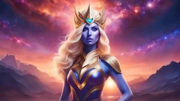 Full body portrait of a peaceful smiling gorgeous blonde Goddess of the galaxies with a blue indigo purple skin, high skul, luminous eyes in a galactic sunset