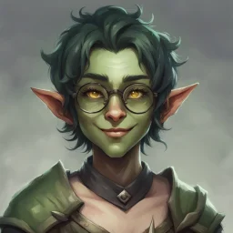 dnd, portrait of cute young orc-elf femboy, black hair, short hair, curled hair, hair covering one eye, emo hair, round glasses, tusks, sharp teeth, yellow eyes, flat chest, mage, magic, nose ring, pierced ears, twink, smile, sharp teeth, all green skin, round face, small nose, shy, green ears, green lips, green nose