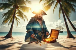 create a surreal double exposure portrait of a pirate on a sunlit tropical beach, open treasure chest half-buried in sand with glowing coins. Coconut palms sway behind, pirate ship anchored in the sea. The pirate’s body and coat are filled with the island scene: treasure, ocean and sky blend into his form. Soft haze and golden light, dreamlike tropical atmosphere, symbolic and cinematic --v 7 --style raw --ar 16:9