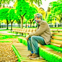 The figure of a man in a park sitting on a bench, thinking about complex issues.