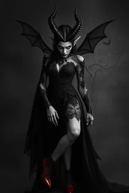 black and white digital art from a demonic dark elf queen in black lace dress and red shooes, , crepy stunning , she looking defiantly in the camera , high detalied, realistic, dark fantasy, thriller, cinematic