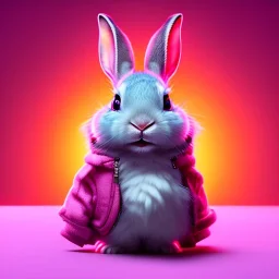 pixar style anamorphic cute cyberpunk rabbit baby, smiling,gangsta gold neckless, full body, magenta puffer jacket, manila city backdrop, hyper realistic, unreal engine 5, 16k