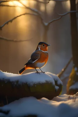 Hyper Photo-realistic image. A european robin sitting on an ancient oak tree in a beautiiful forest. Hyper realistic. Photorealism. Winter scene. Early morning, golden white, winter light. Snow on the ground. A mist with the sun streaming through the trees like shards.