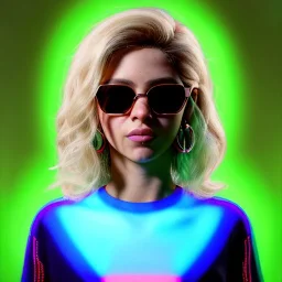 Shakira, artist, 30 years old, Realistic image, waist up portrait, etro style dress, oversize. Gucci sunglasses. Blonde, loose long hair, eyes make up, perfect, glow, circle iris. Neon colors, leds. Cyberpunk. concept art, smooth, unreal engine 5, god lights, ray tracing, RTX, lumen lighting, ultra detail, volumetric lighting, 3d, finely drawn, high definition, 4k.