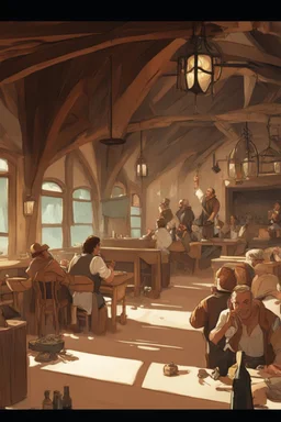 interior of a dnd tavern with people at round tables