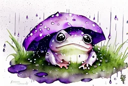 3D close-up of a very cute fluffy plushy chibi plush frog hiding from the rain under a red white spotted mushroom in the forest, puddles in front, grass and violets next to him, 3d effect melting watercolour on wet inked paper, black ink outline in sunshine, ethereal, cinematic postprocessing