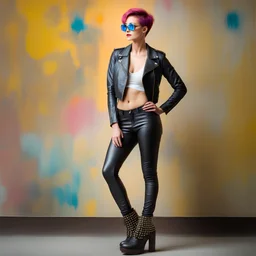 full body portrait -- an absolutely stacked female strawberry with pixie-cut hair, a perfect hourglass figure, perfect face, wearing a studded, black leather biker's jacket and pants with 12-inch platform boots and goggles, bright, colorful, multicolored, watercolor stained wall in the background