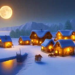 tiny fantasy farming village at night with wooden buildings in winter moonlight