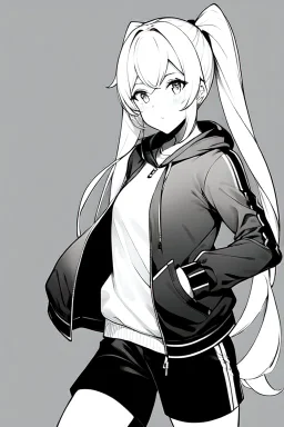 blonde girl with ponytails dressed in a jacket and shorts walks proudly, greyscale