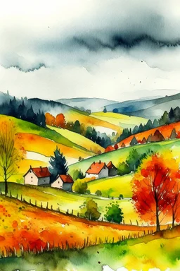 Autumn Czech valley in the rain. - Watercolor and watercolor painted style - Jenna Rainey style