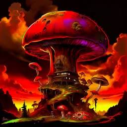 A fantabulous black, orange, and green (((mushroom tower house))) erected atop a (geologic pillar), surrounded by the uncanny imaginative ((( swirling skies))), offset by the stark hues of a (neon-tinged nebulous space scape), within. captured by the hand a skilled master painter with a focus on (softly blurred compositions and voluminous lighting).