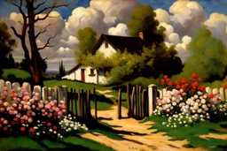 Clouds, cabin, spring trees, little pathway, fence, flowers, frederic bazille impressionisn painting