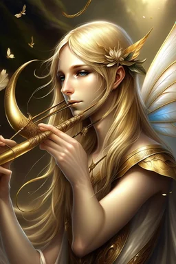 fee, männlich, libellen flügeln, hellblondes, langes Haar, Flöte spielend, lange spitze Ohren, goldene, auffällige Augen, realistisch