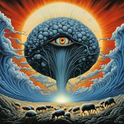 The look of terminal shock in your eyes things are really what they seem this is no bad dream, by Gerald Scarfe, by Jim Burns, by Emek, sheep wool textures, surreal mind-bending illustration, heavy dreamy colors, Pink Floyd aesthetics, cosmic drama, trippy album cover